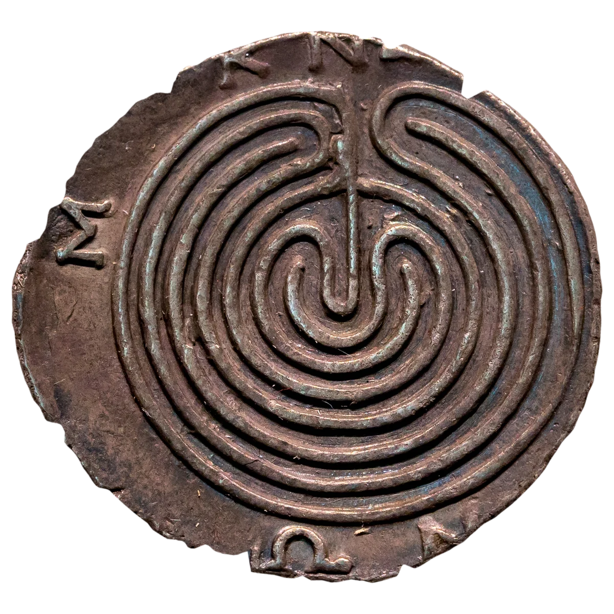 Knossos, ok. 110–90 p.n.e. Srebrna tetradrachma z okrągłym labiryntem (Münzkabinett w Berlinie).